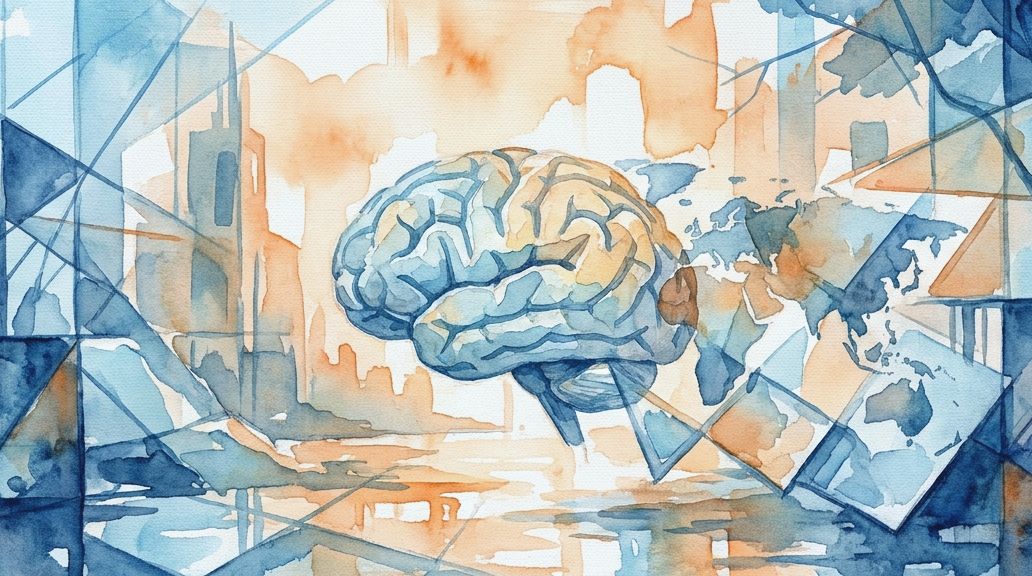 A watercolor illustration of a brain in blue and orange tones, relevant to Klver-Bucy syndrome.