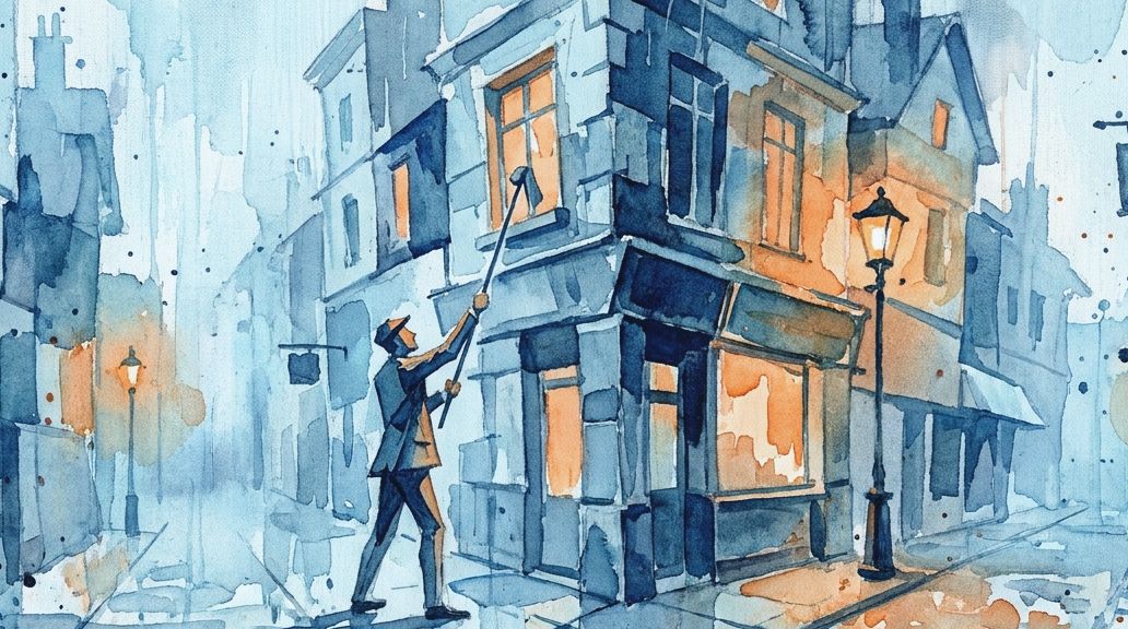 A watercolor street scene in blue and orange shows a knocker-up tapping a window with a pole.