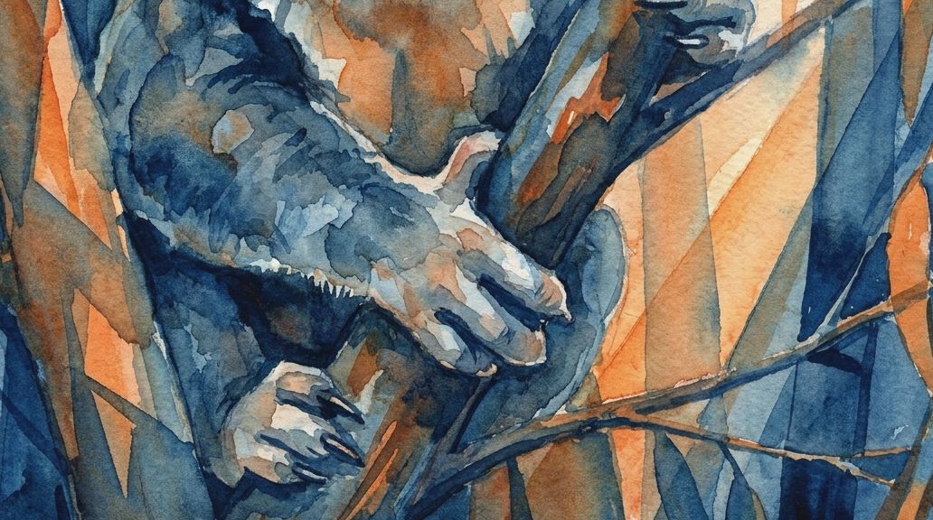 A watercolor painting in blues and oranges focuses on the textured grip of a koala's paws.