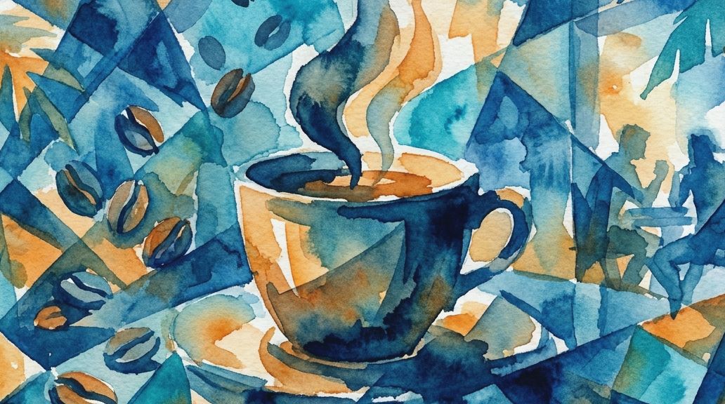 A watercolor painting in blues and oranges shows a steaming cup of kopi luwak coffee and beans.