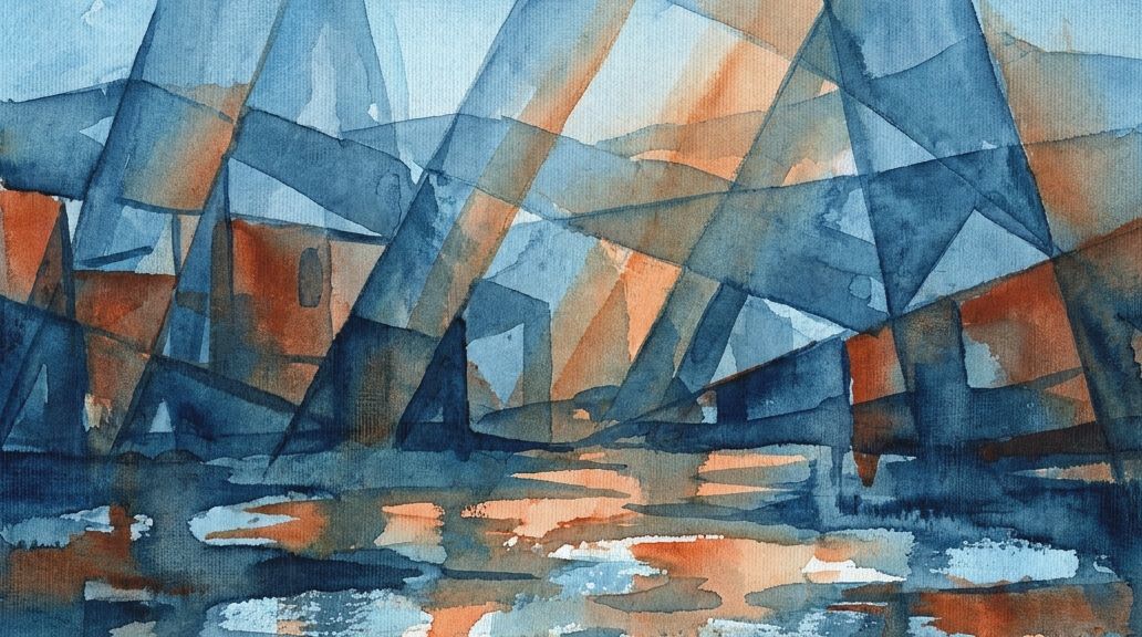 Overlapping blue and orange watercolor washes suggest a fragmented, reflective landscape scene.
