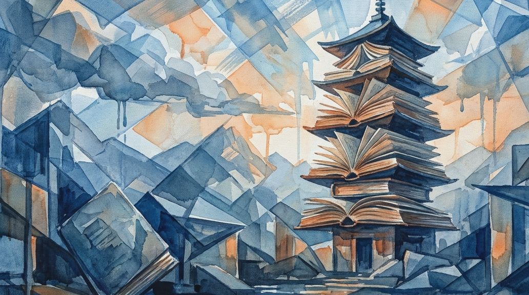 A watercolor painting depicts the Kuthodaw Pagoda built from books in blue and orange tones.