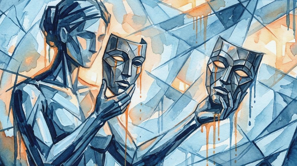 A watercolor shows a figure holding two masks in blue and orange, linking to the Lead Masks Case.