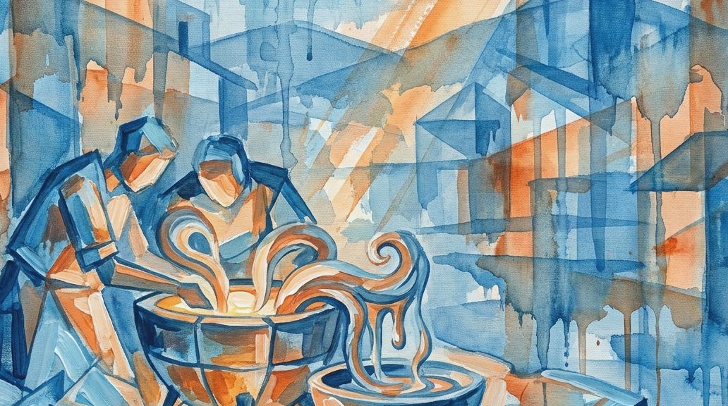 A fragmented watercolor painting in blues and oranges depicts two workers pouring molten lead.
