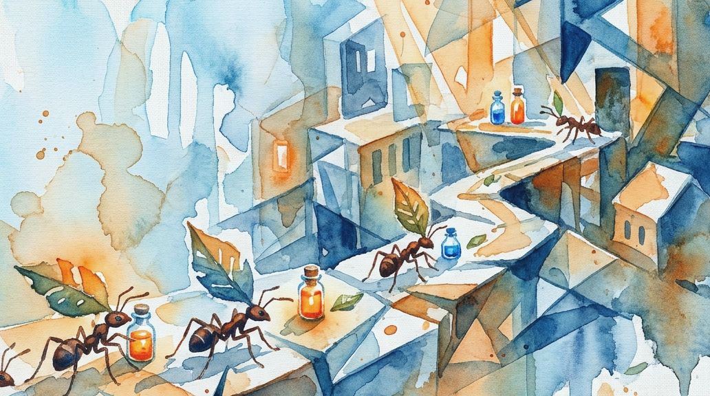 Leafcutter ants carry leaves and bottles of antibiotics in a blue and orange watercolor painting.