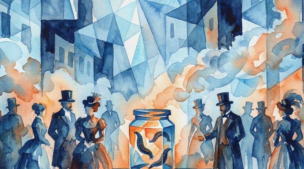 Blue and orange watercolor shows Victorian figures gazing at a glass jar filled with leeches.