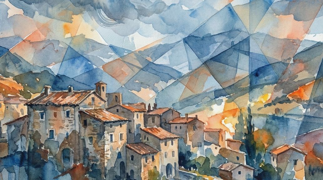 A watercolor painting of the Spanish exclave Llvia with warm stone buildings and blue mountains.