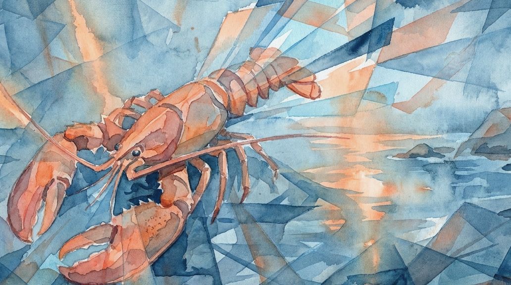 A watercolor shows an orange lobster in a dramatic pose against fragmented blue and orange washes.