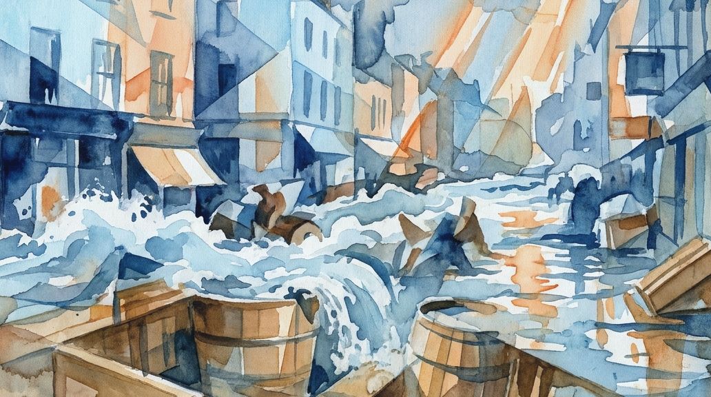 A watercolor painting in blues and oranges shows the London Beer Flood with barrels in the street.