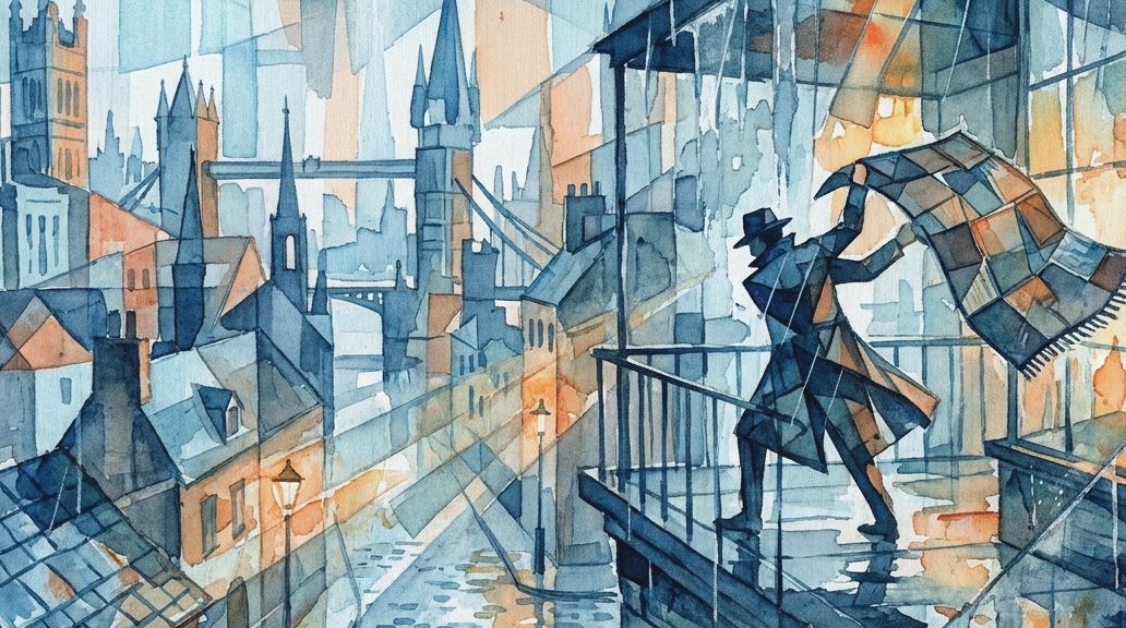 A watercolor painting in rainy blues and oranges shows a person beating a rug on a London balcony.
