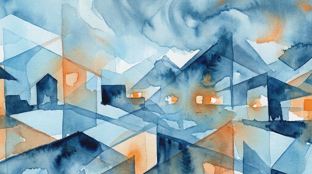 Watercolor shows Longyearbyen's buildings and mountains at night in deep blue and orange tones.