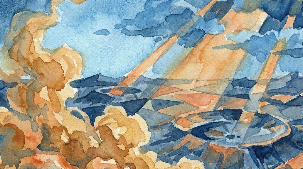 A watercolor painting shows orange dust clouds lofting above a blue lunar landscape with craters.