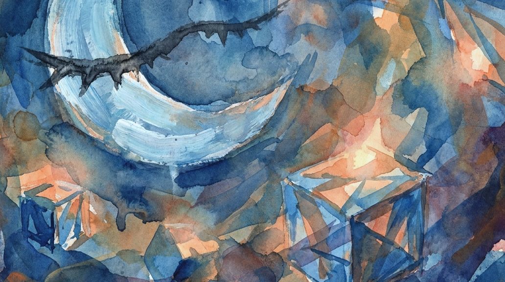 Abstract watercolor of a lunar crescent and swirling, glowing shields in deep blue and orange hues.