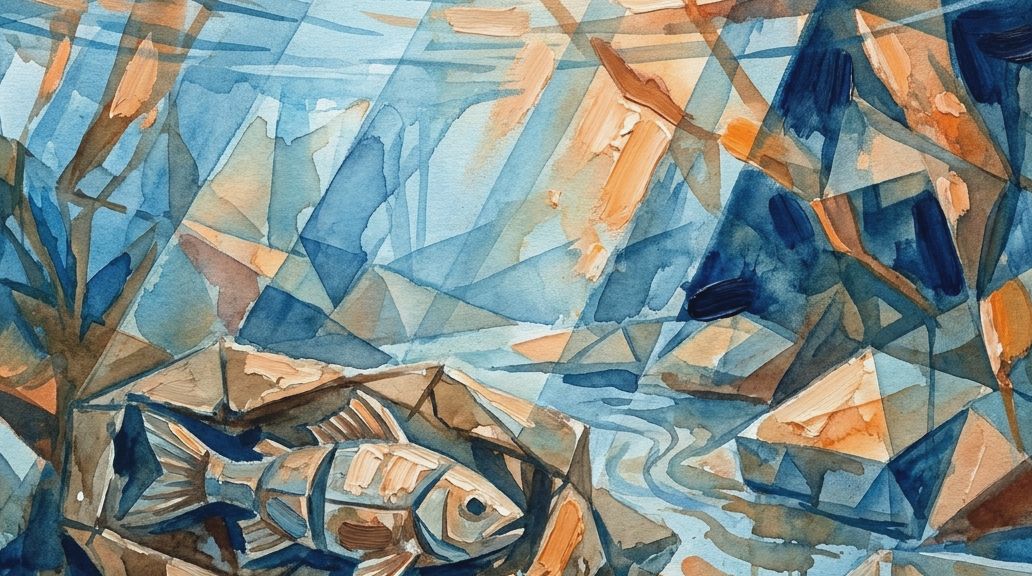 Watercolor painting in blues and oranges showing a lungfish encased in a burrow for estivation.