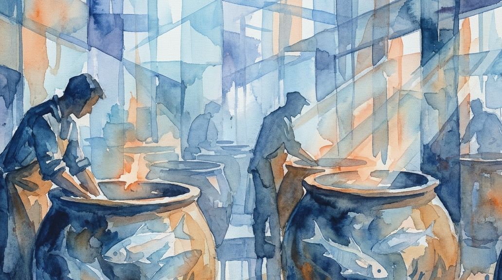 A watercolor painting in blues and browns shows figures soaking lutefisk in large ceramic lye tubs.