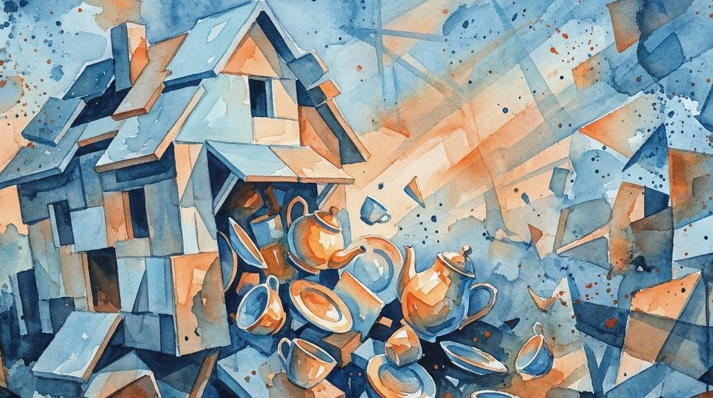 This watercolor painting shows a fractured house built of spilling pottery in blue and orange.