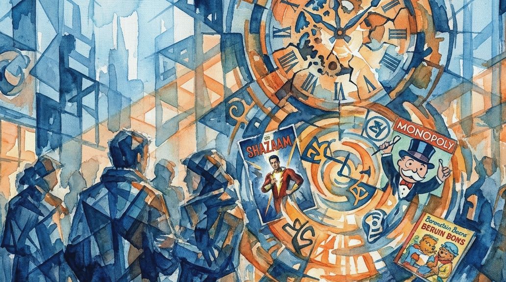 A fractured watercolor in blues and oranges shows a crowd viewing posters of alternate histories.