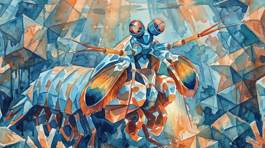 A geometric watercolor painting in blues and oranges shows a mantis shrimp poised to punch.