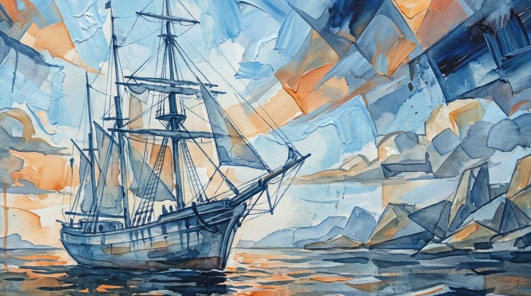 A fragmented watercolor painting of the Mary Celeste tall ship in deep blues and warm oranges.
