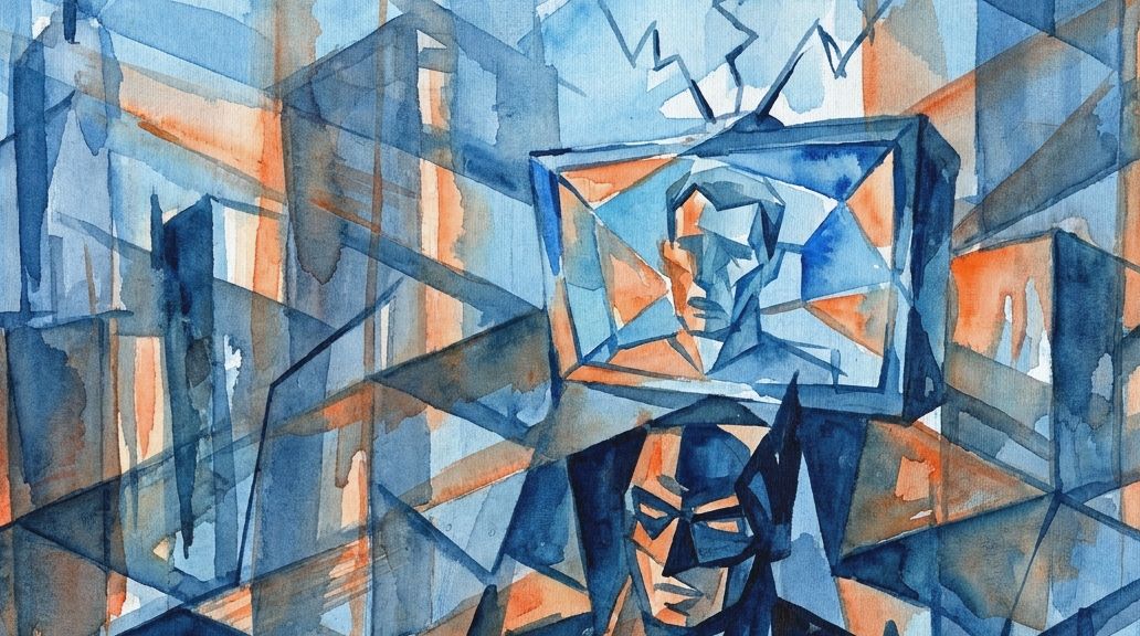 A cowled figure watches a screen with a fragmented face, representing a broadcast hijack.