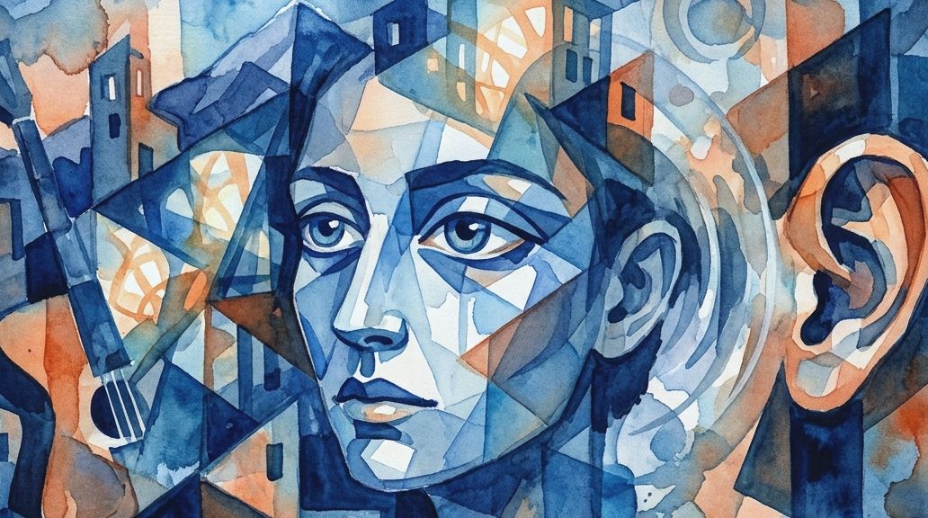 A watercolor painting shows a fragmented face and ear mixing sight and sound in blue and orange.