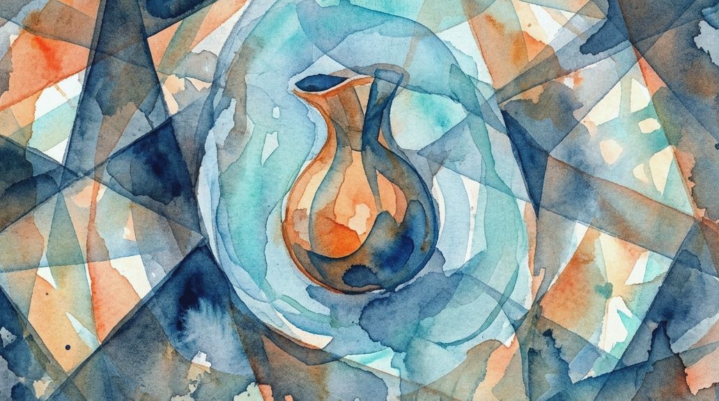 An abstract watercolor in blue and orange tones shows a central pouch-like container.