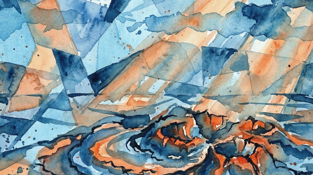 Fractured watercolor painting of Mercury's hollows landscape in deep blues and warm oranges.