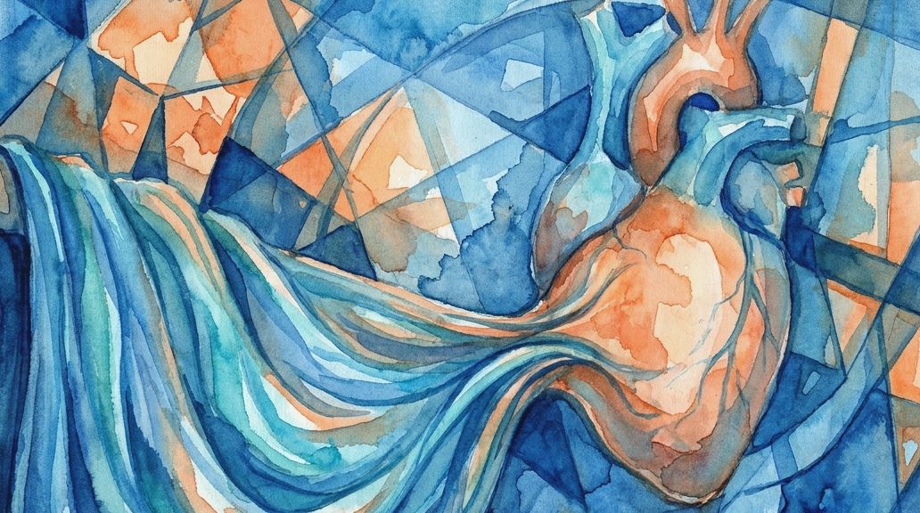 Watercolor in blues and oranges shows flowing connective tissues of the mesentery organ.