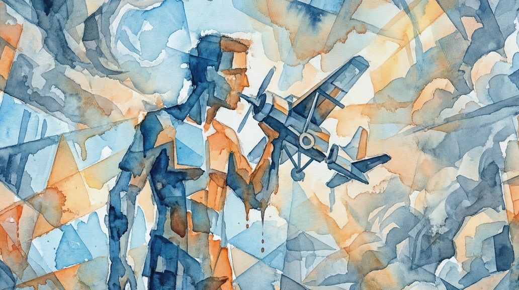A blue and orange watercolor painting shows a man holding an airplane, referencing Michael Lotito.