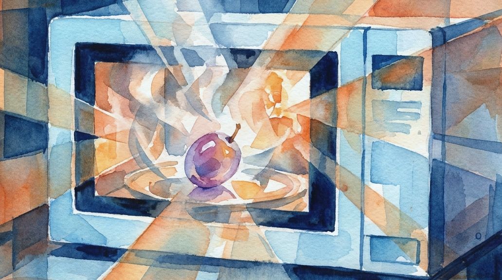 A watercolor painting in blues and oranges shows a grape generating plasma in a microwave.