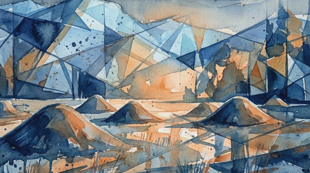 A watercolor painting in deep blues and oranges shows abstract Mima mounds in a landscape.
