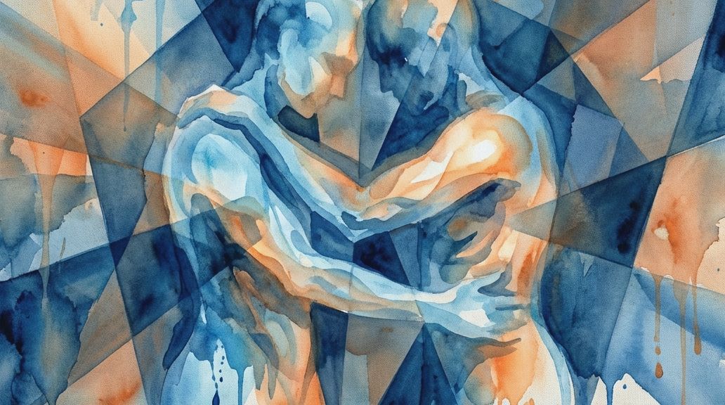 Watercolor figures in blues and oranges embrace, representing mirrored physical sensations.