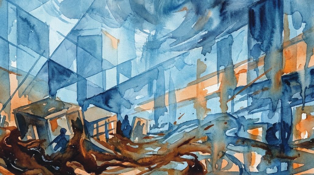 A watercolor shows a city flooded by brown molasses with figures, in blue and orange tones.