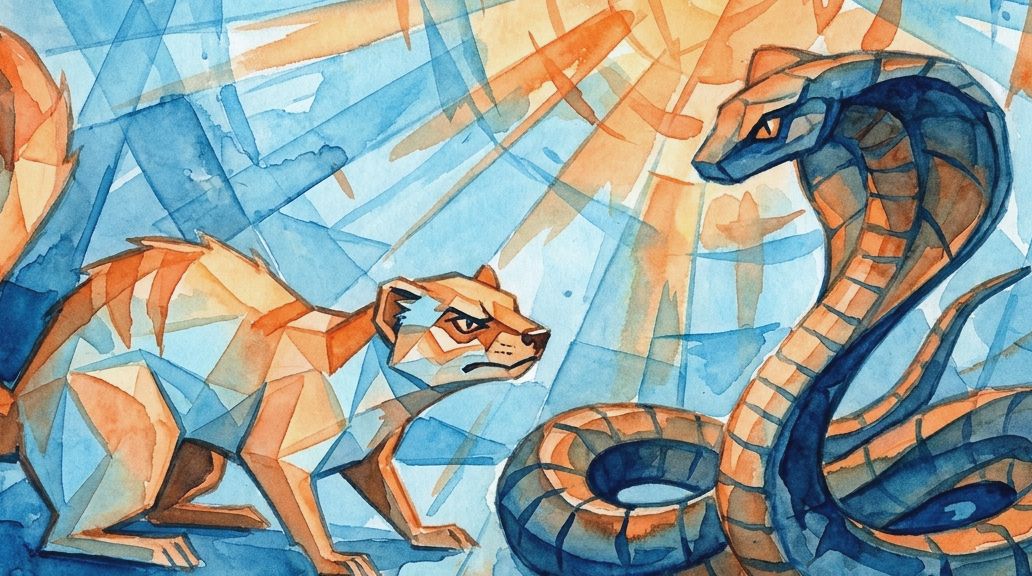 An orange mongoose confronts a blue and orange coiled cobra in this faceted watercolor painting.