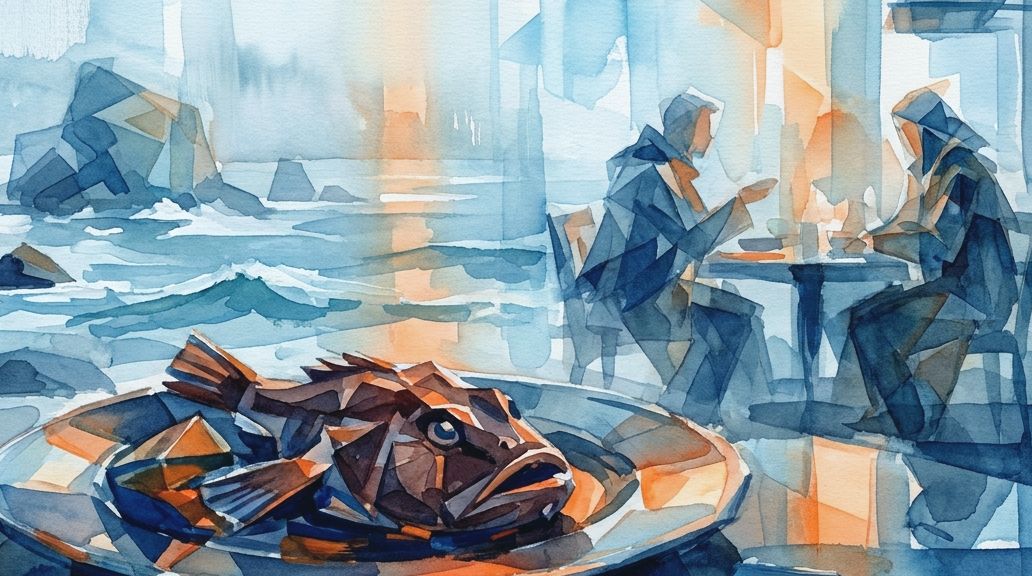 A watercolor in deep blues and oranges depicts a whole monkfish, the source of monkfish liver.