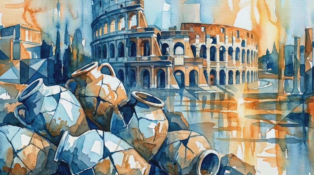 A watercolor painting depicts a hill of broken amphorae with Roman ruins in blue and orange tones.