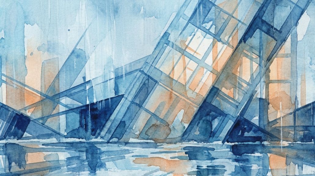 A watercolor in blues and oranges shows an abstract interpretation of the Montreal inclined tower.