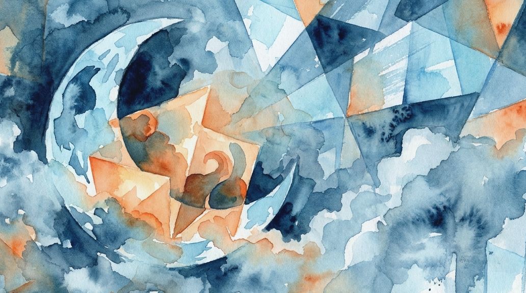 Watercolor washes show a crescent moon and fractured orange and blue forms suggesting hidden.