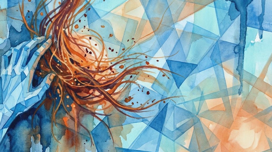 Blue watercolor hand grasps flowing reddish fibers against a fractured blue and peach background.