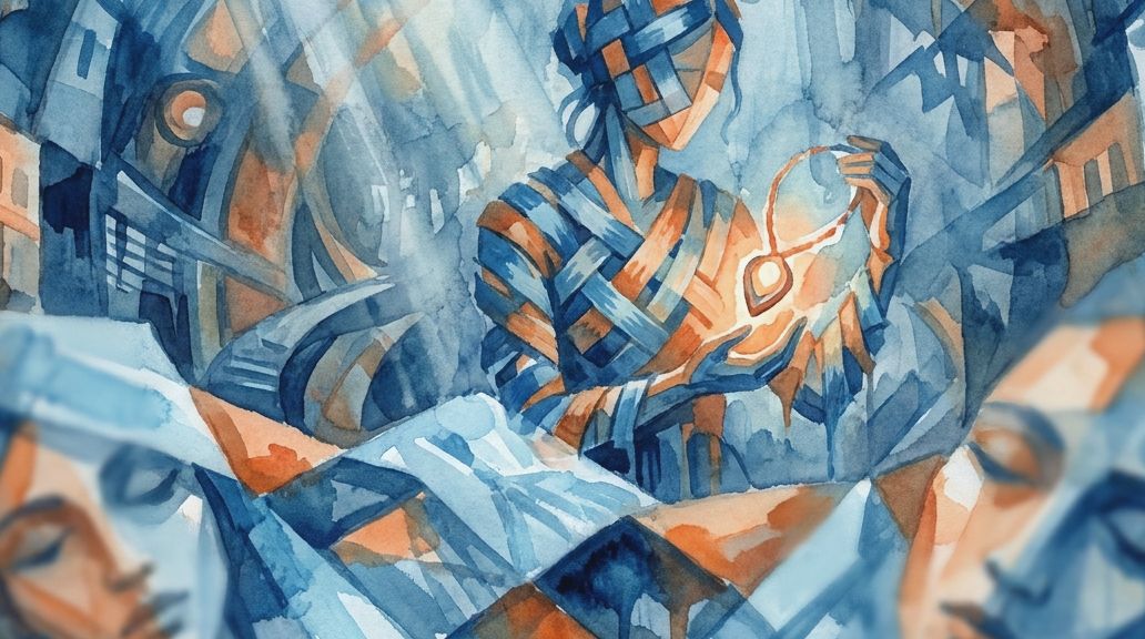 A blue and orange watercolor of figures and a glowing locket, representing mourning hair jewellery.