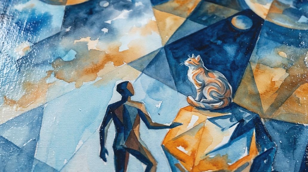 A watercolor painting in blues and oranges shows a lone figure near an asteroid topped by a cat.