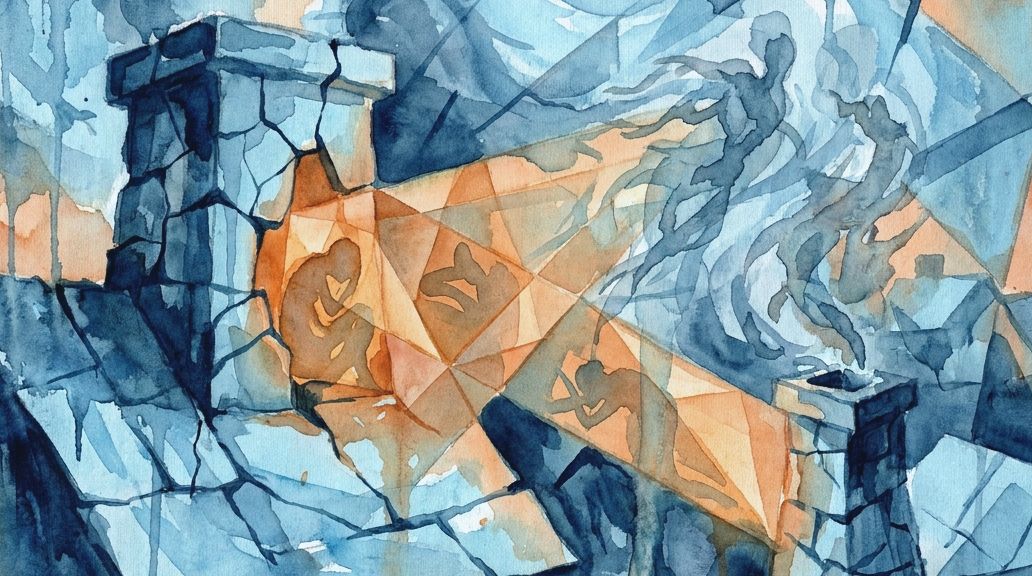A blue and orange watercolor shows figures and smoke spirits rising from stone roof chimneys.