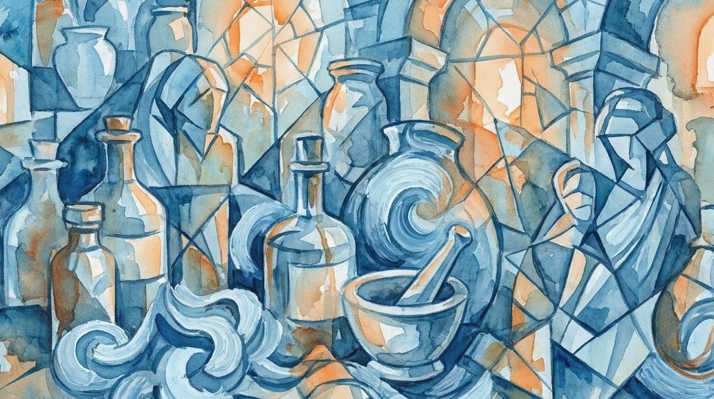 A blue and orange watercolor painting depicts mummy figures with medicine bottles and a mortar.