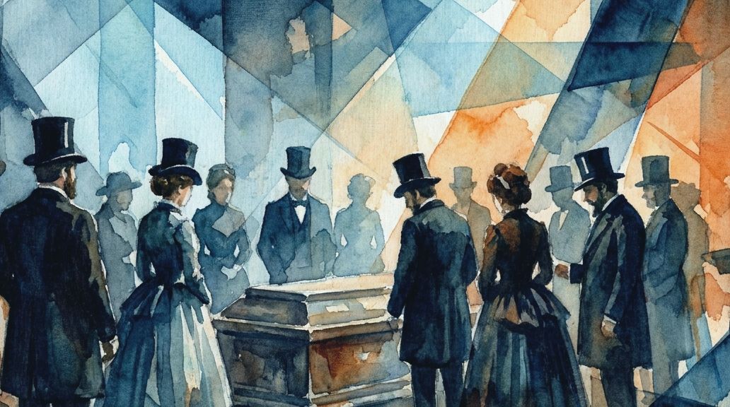 A watercolor painting in blues and oranges shows Victorian people at a mummy unwrapping party.