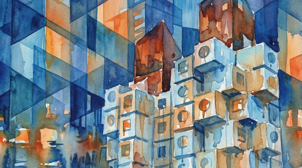 Watercolor brushwork shows the stacked Nakagin Capsule Tower modules in deep blues and rusty.