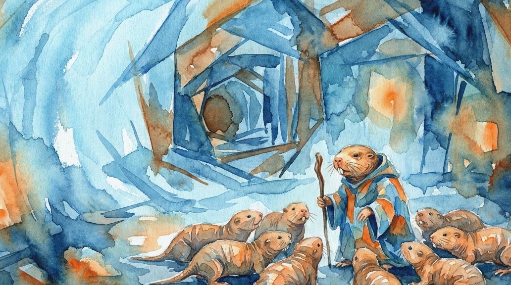 A watercolor painting shows a robed mole rat queen and her subjects in a blue and orange cave.