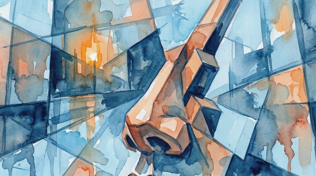 A watercolor painting in blues and oranges showing a fragmented nose, illustrating nasal anatomy.