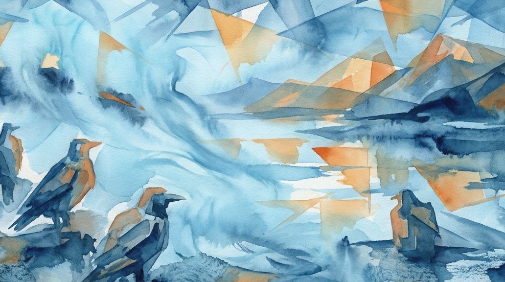 Watercolor illustration of dark, still bird figures resembling natron statues near a blue lake.
