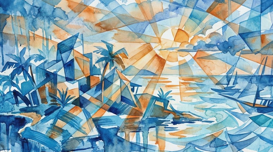 Watercolor washes define an island settlement, boats, and sun in blues and oranges, like Nauru.
