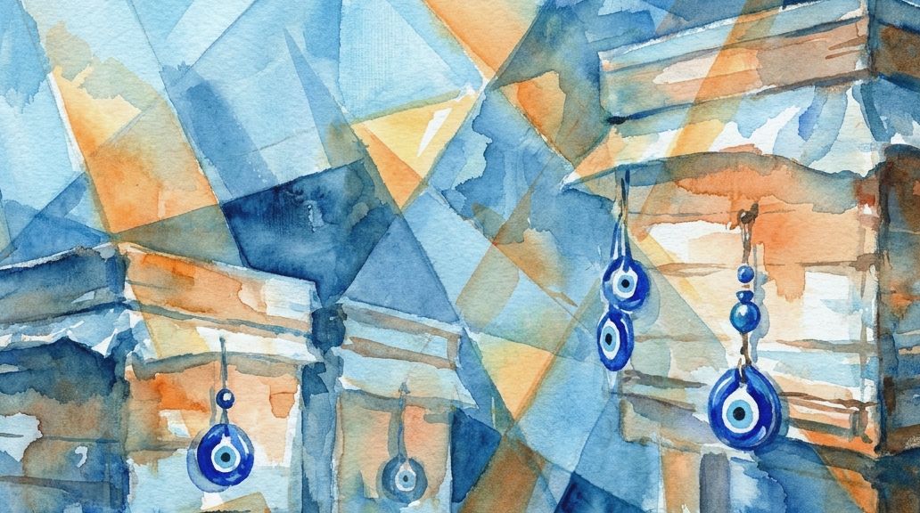 Blue and orange watercolor showing wooden beehives decorated with hanging nazar eye charms.